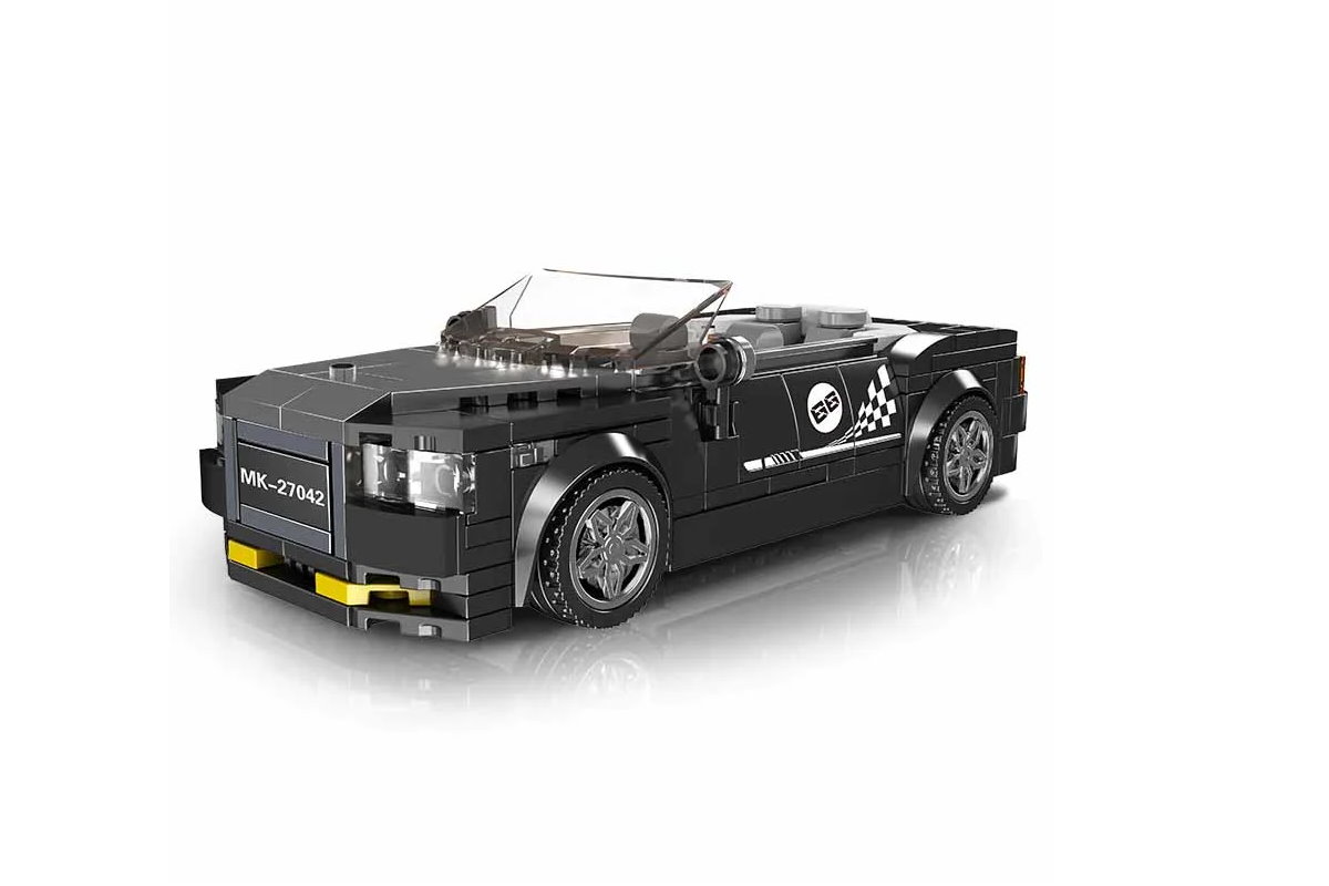 Sportwagen Dawn aus Klemmbausteinen in schwarz mit Acryl Vitrine