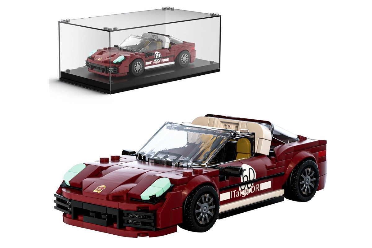 Sportwagen 911 aus Klemmbausteinen in rot mit Acryl Vitrine