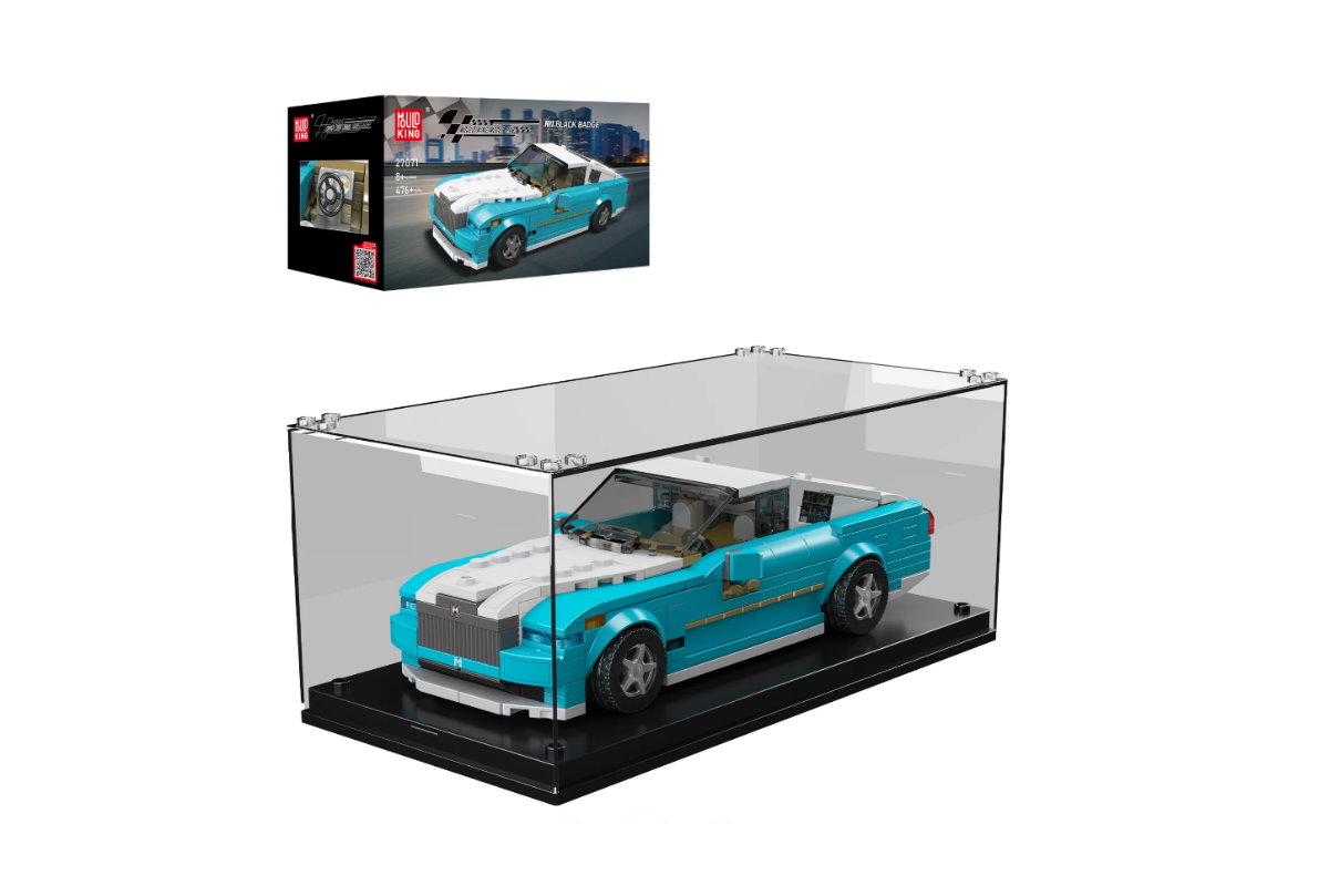 Sportwagen Black Badge aus Klemmbausteinen in türkis/weiß mit Acryl Vitrine