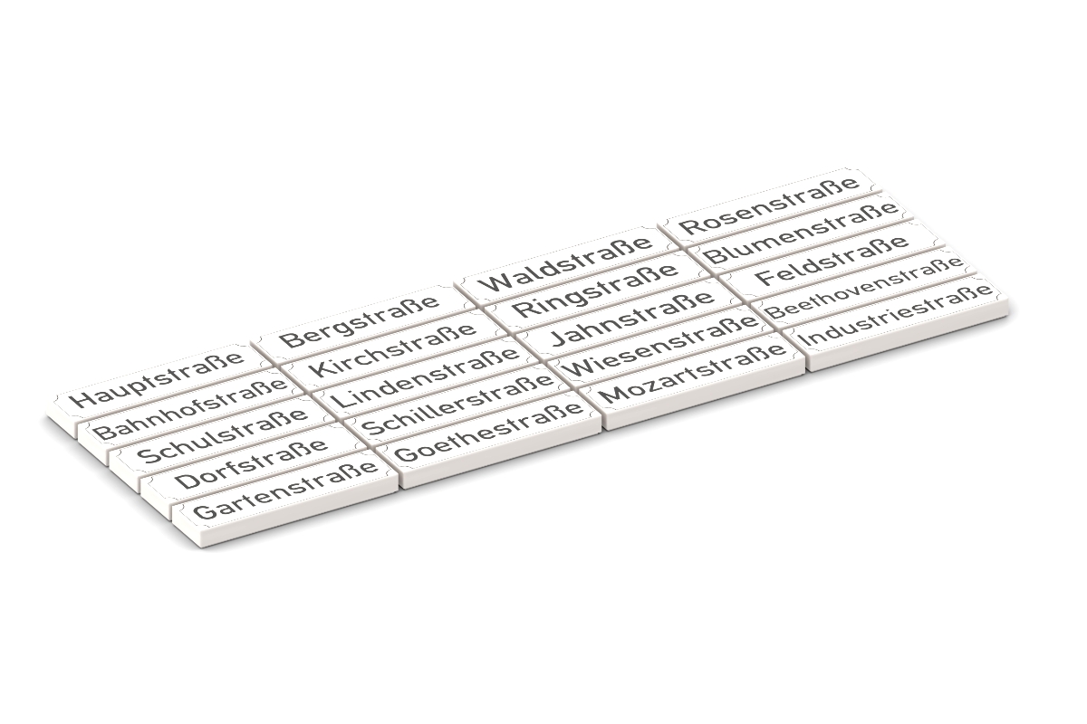 20 Fliesen 1 x 4 mit Druck "häufigsten Straßennamen in Deutschland" klassisch weiß
