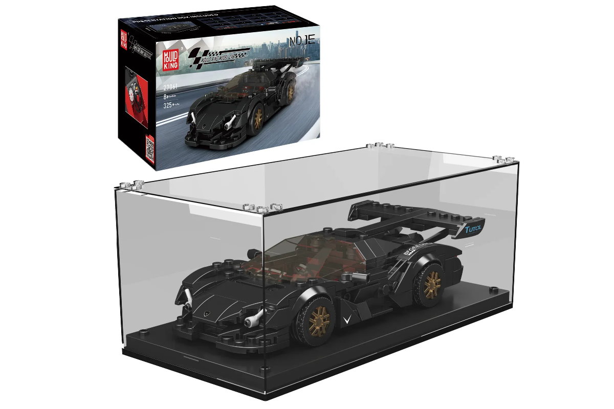 Sportwagen Apollo aus Klemmbausteinen in schwarz mit Acryl Vitrine