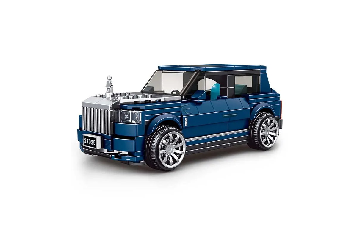 Luxus Limousine aus Klemmbausteinen in blau mit Acryl Vitrine