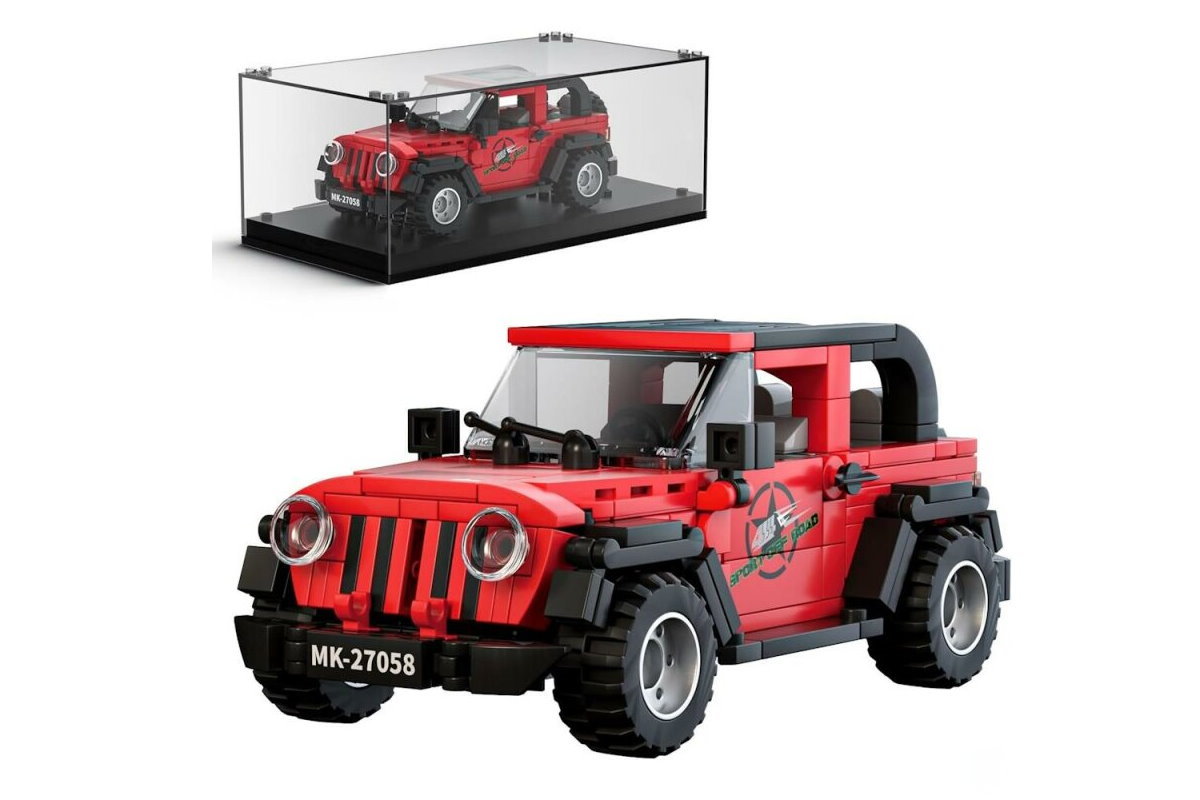 Sportwagen Geländewagen Wrangler aus Klemmbausteinen in rot mit Acryl Vitrine