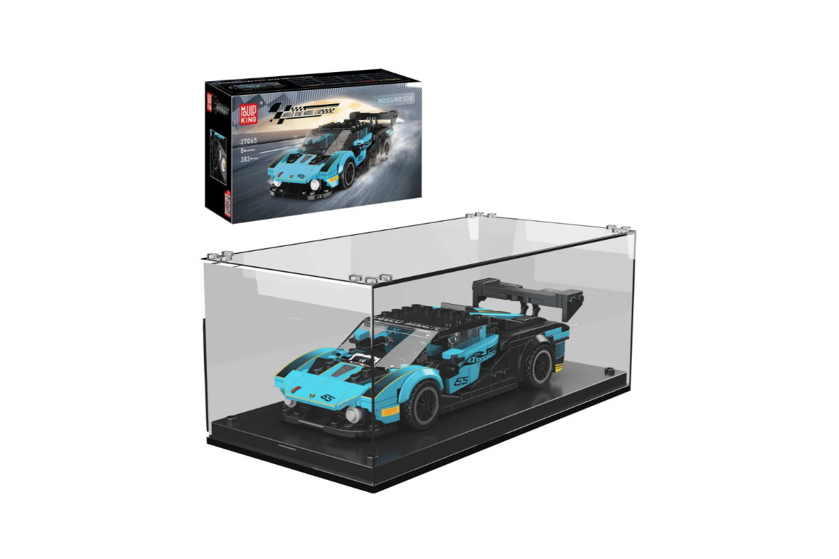 Sportwagen Essenza aus Klemmbausteinen in türkis/schwarz mit Acryl Vitrine