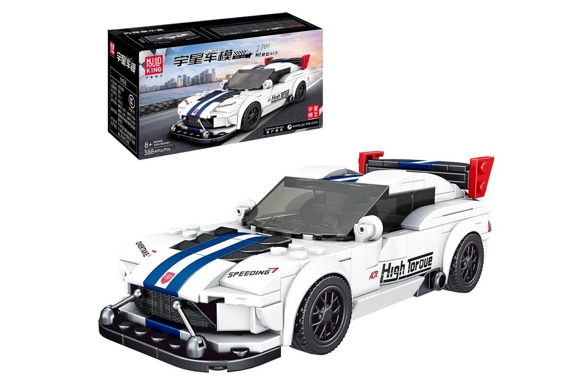 Sportwagen ACR aus Klemmbausteinen in weiß mit Acryl Vitrine