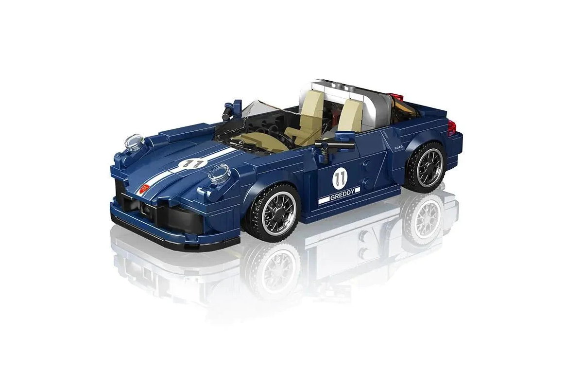 Sportwagen 911 aus Klemmbausteinen in blau mit Acryl Vitrine