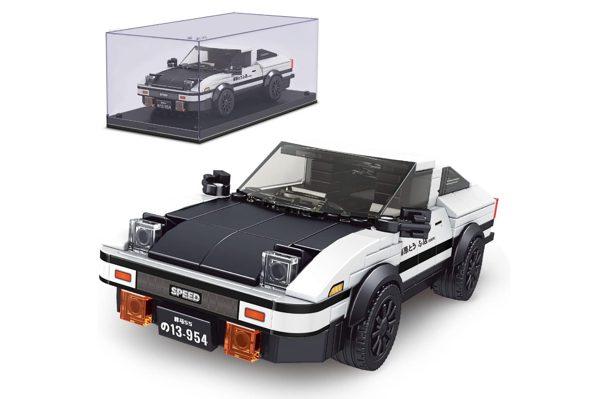 Sportwagen AE86 aus Klemmbausteinen in weiß/schwarz mit Acryl Vitrine