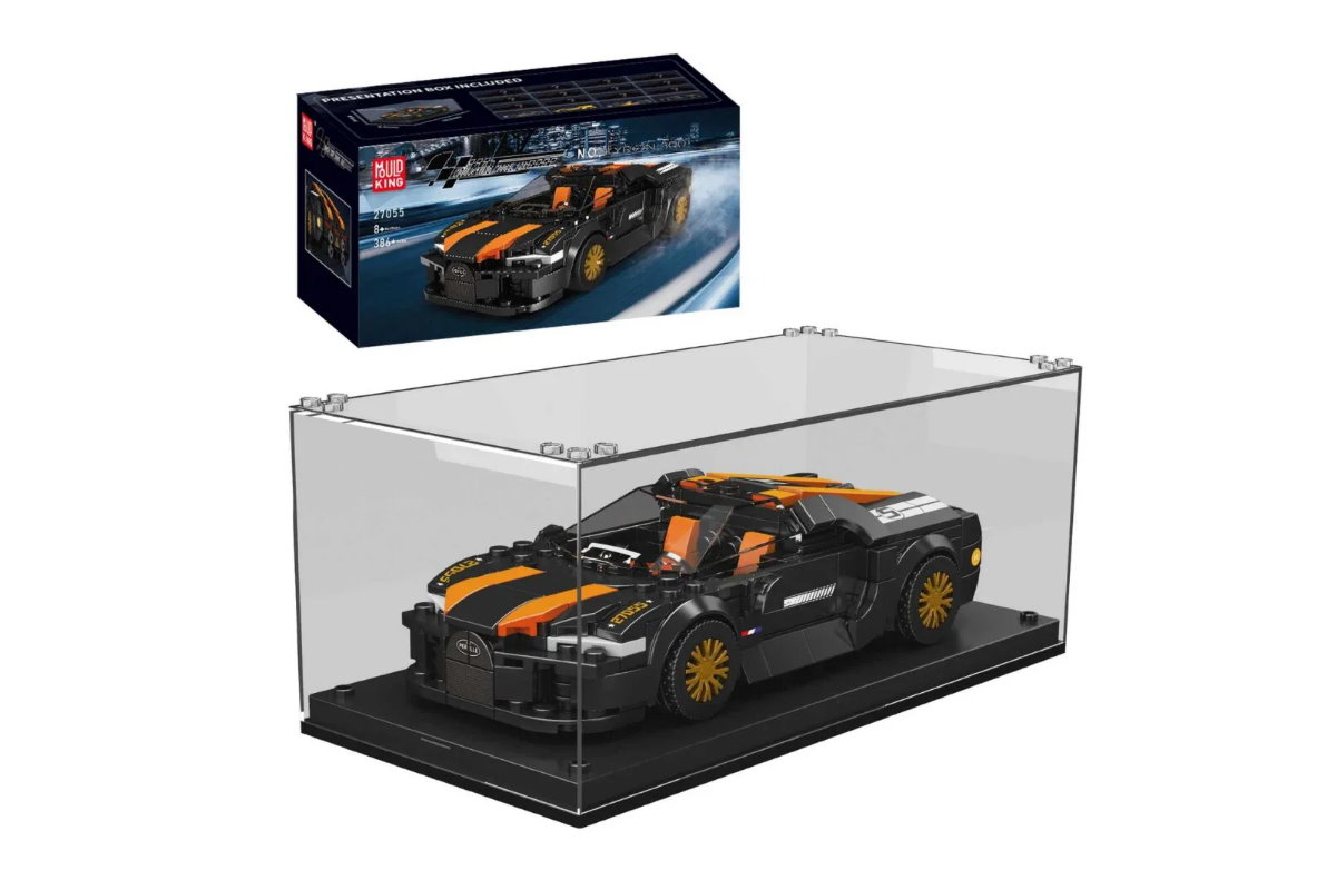 Sportwagen Chiron 300 aus Klemmbausteinen in schwarz mit Acryl Vitrine
