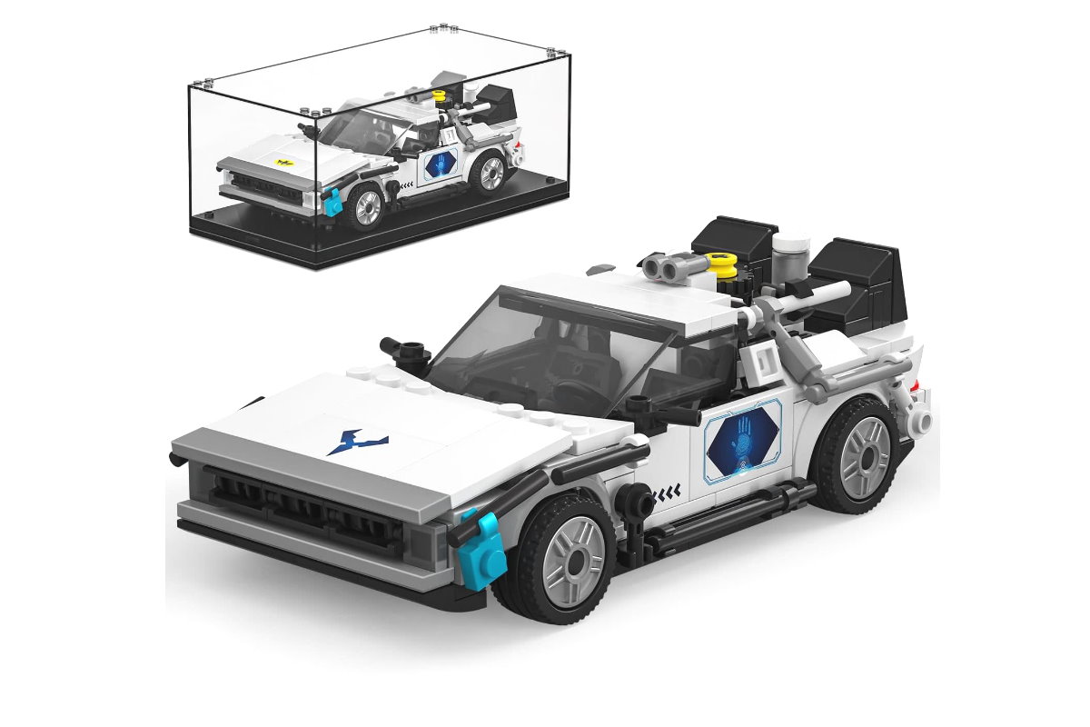 Sportwagen aus der Zukunft aus Klemmbausteinen in grau mit Acryl Vitrine