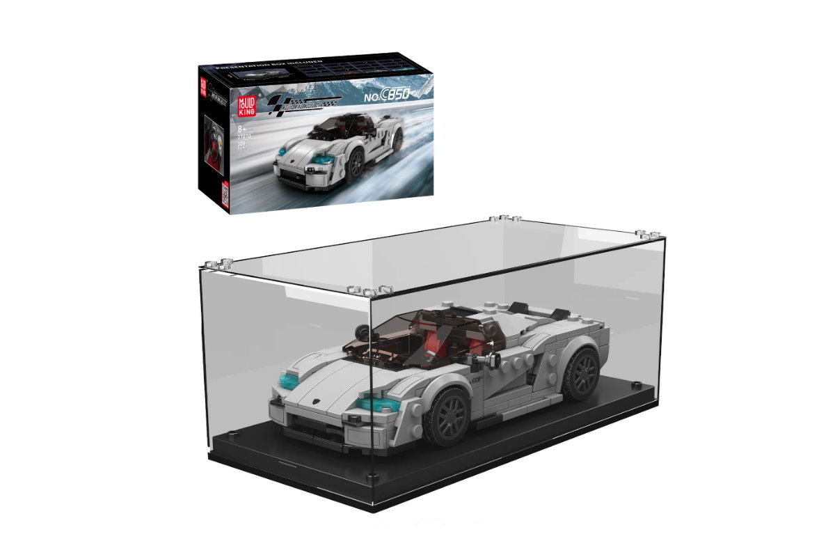 Sportwagen C850 Super Car aus Klemmbausteinen in weiß mit Acryl Vitrine