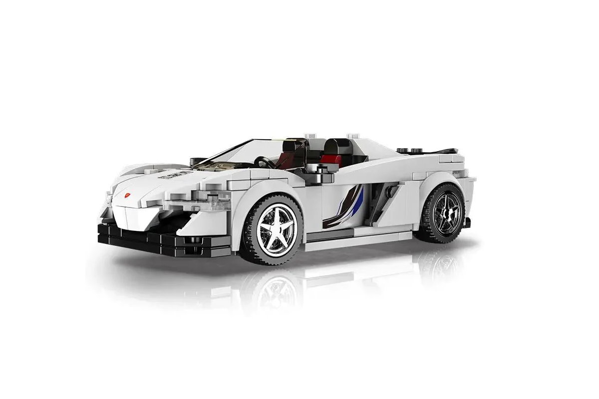 Sportwagen 650S aus Klemmbausteinen in weiß mit Acryl Vitrine